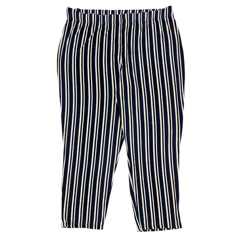 Chico's Travelers Navy Blue Tan Stripe Pull On Cropped Ankle Pants Slinky Knit